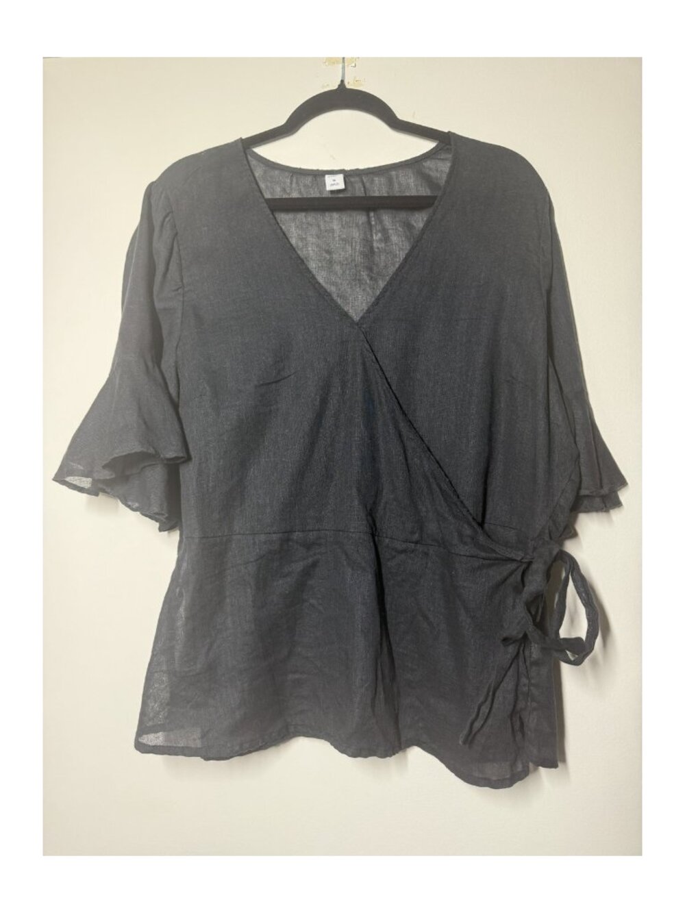 Old Navy Black Wrap-Front Linen Blend Flutter Sleeve Peplum Blouse XL
